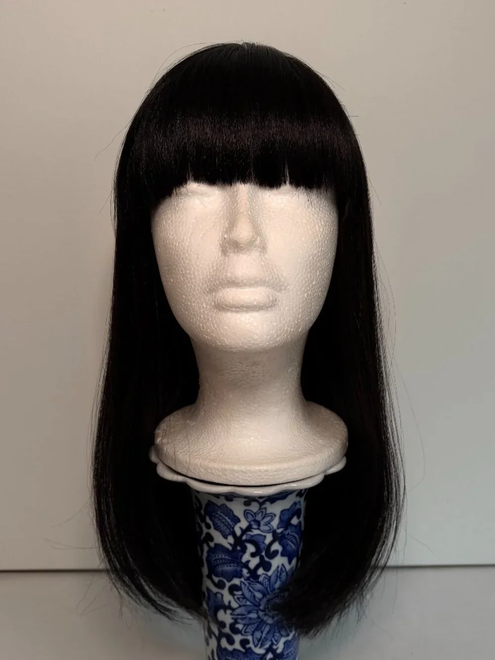 Blended Human Hair Wig – Straight Dark Brown Bob with Full Bangs – Shoulder Leng